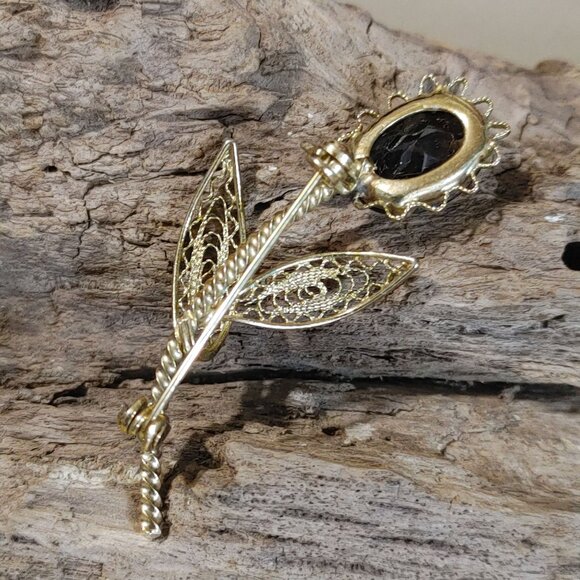 Smokey Quartz Floral Brooch Gilt Filigree Leaf Design Vintage Natural Gemstone - Picture 3 of 9